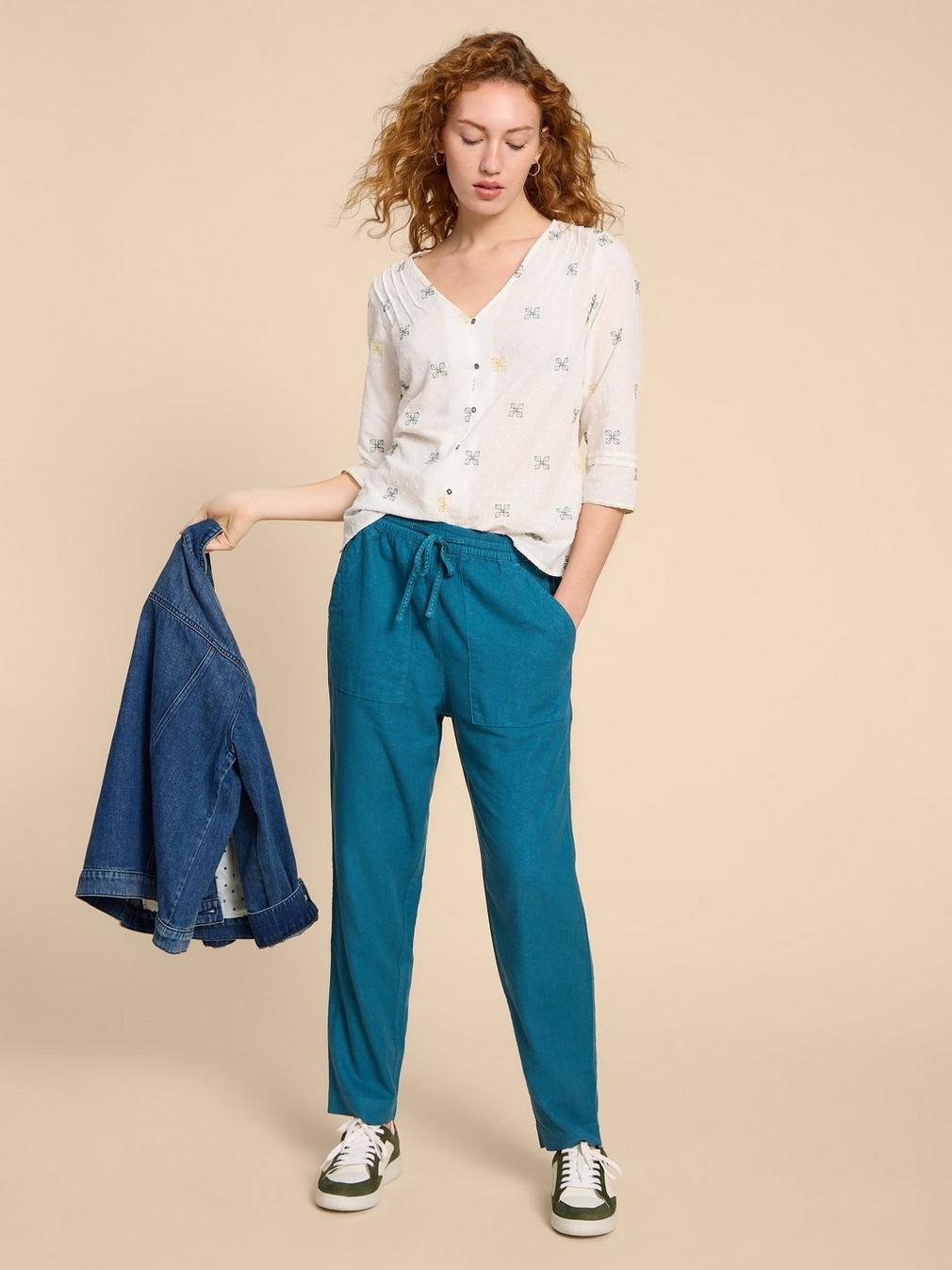 Elle Linen Blend Trouser in MID TEAL - LIFESTYLE