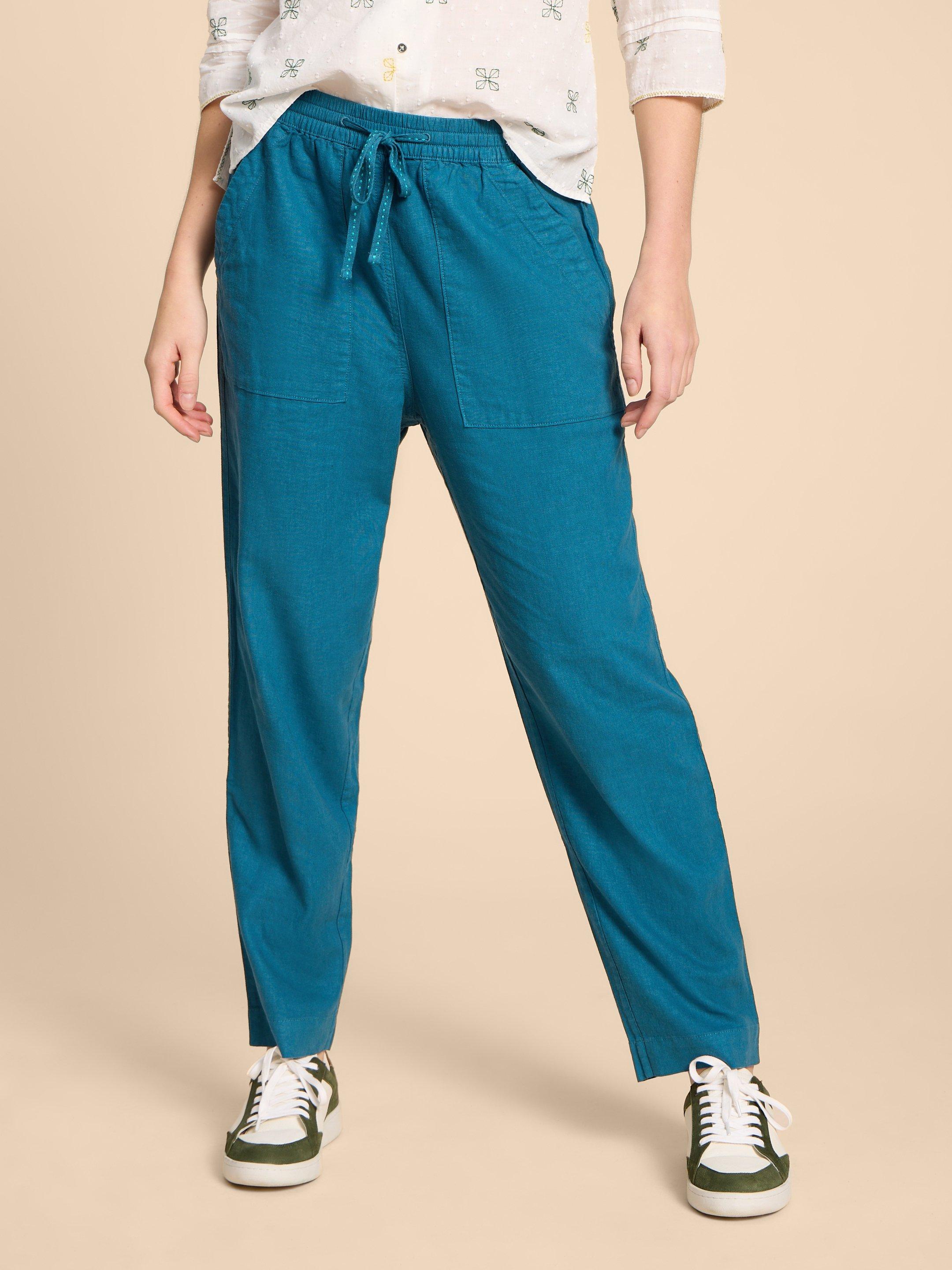 Elle Linen Blend Trouser in MID TEAL - MODEL DETAIL