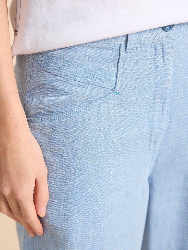 Harper Linen Blend Trouser in CHAMB BLUE - MODEL DETAIL