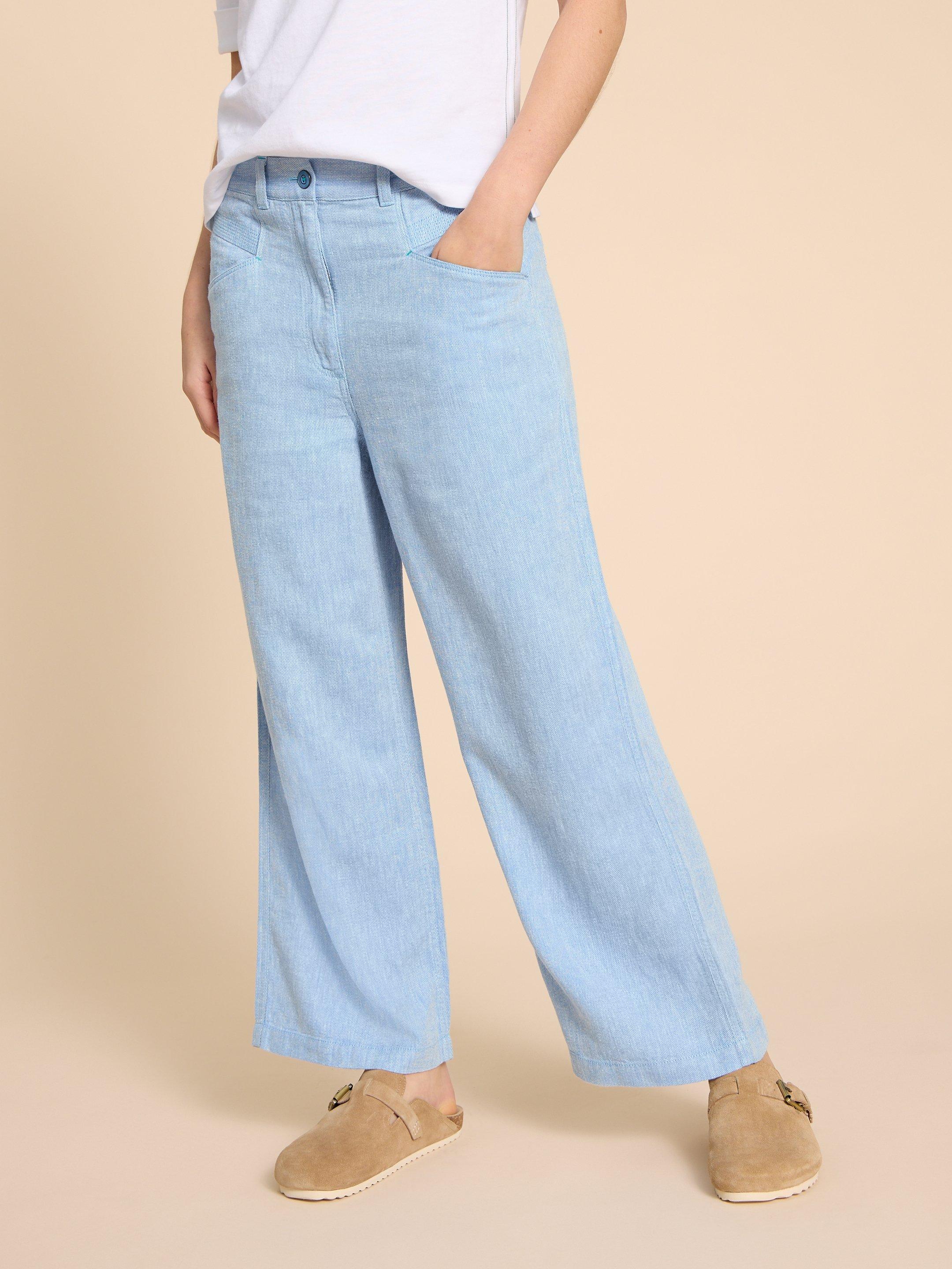 Harper Linen Blend Trouser in CHAMB BLUE - MODEL FRONT