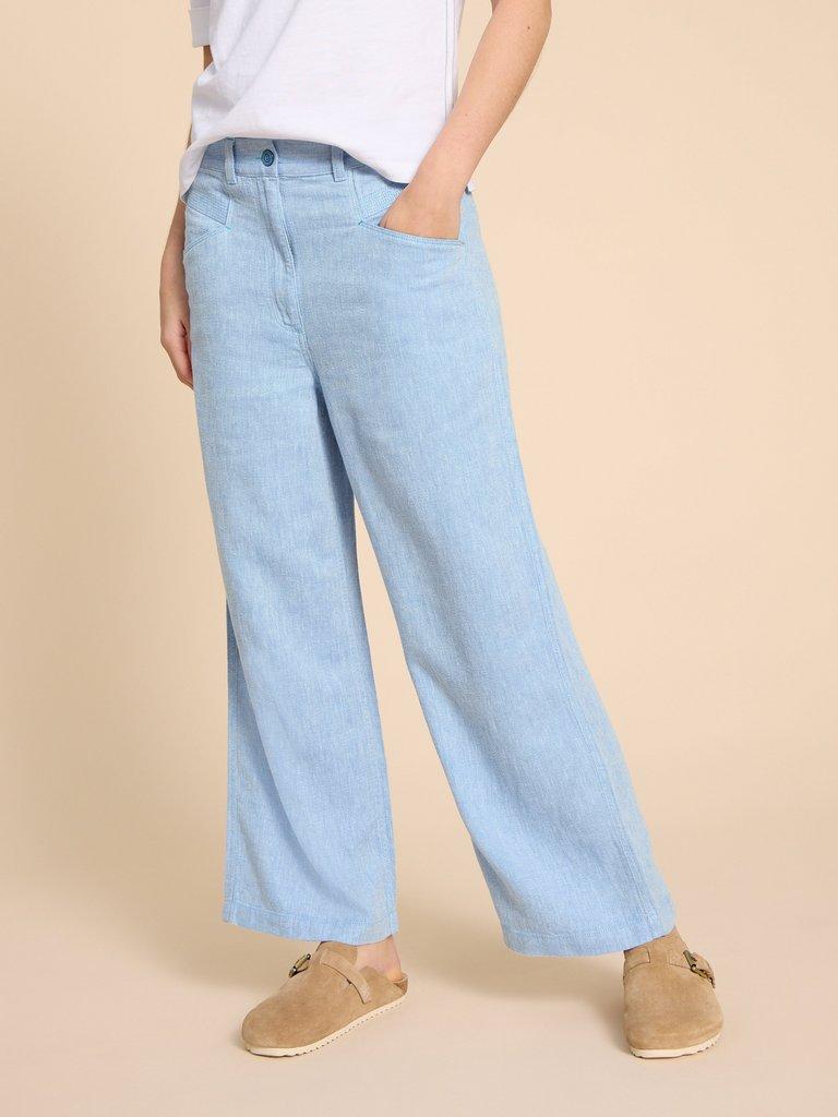 Harper Linen Blend Trouser in CHAMB BLUE - MODEL FRONT