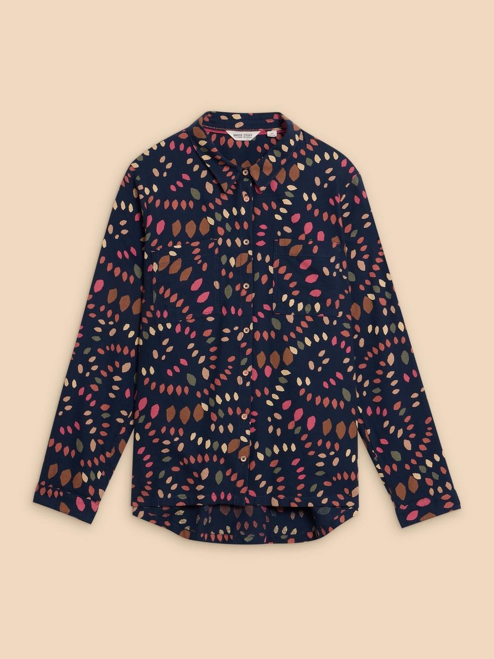 SOPHIE PRINTED ORGANIC SHIRT in NAVY MULTI - FLAT FRONT