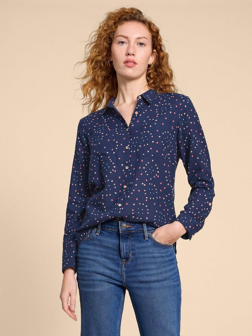 SOPHIE PRINTED ORGANIC SHIRT in NAVY PR - MODEL FRONT