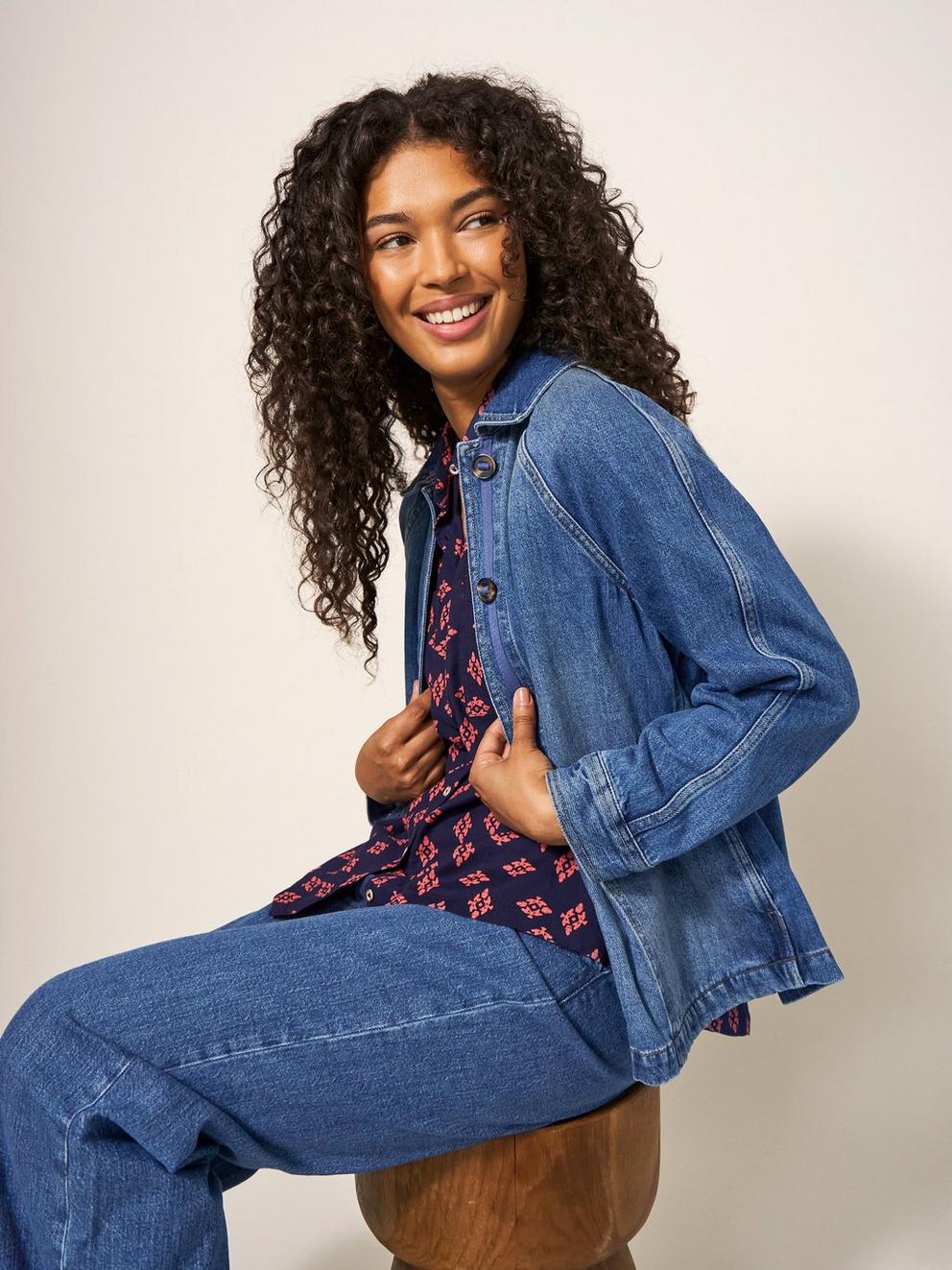 Eden Denim Jacket in MID DENIM - MODEL FRONT