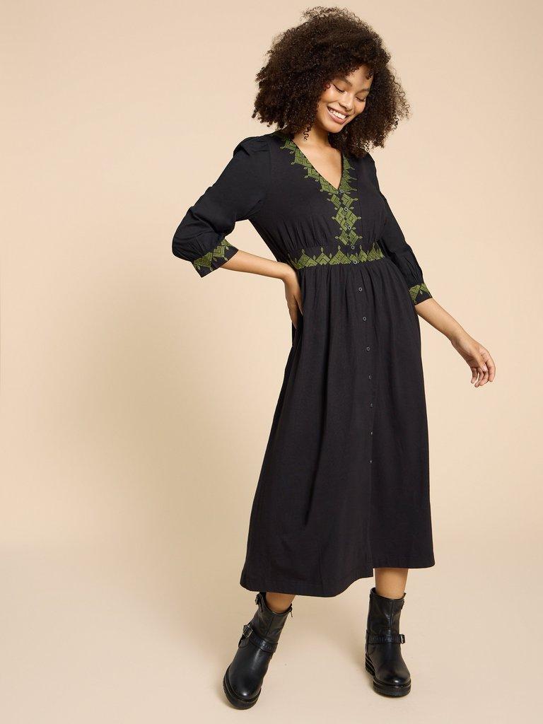Emery Embroidered Jersey Dress in BLK MLT - MODEL DETAIL