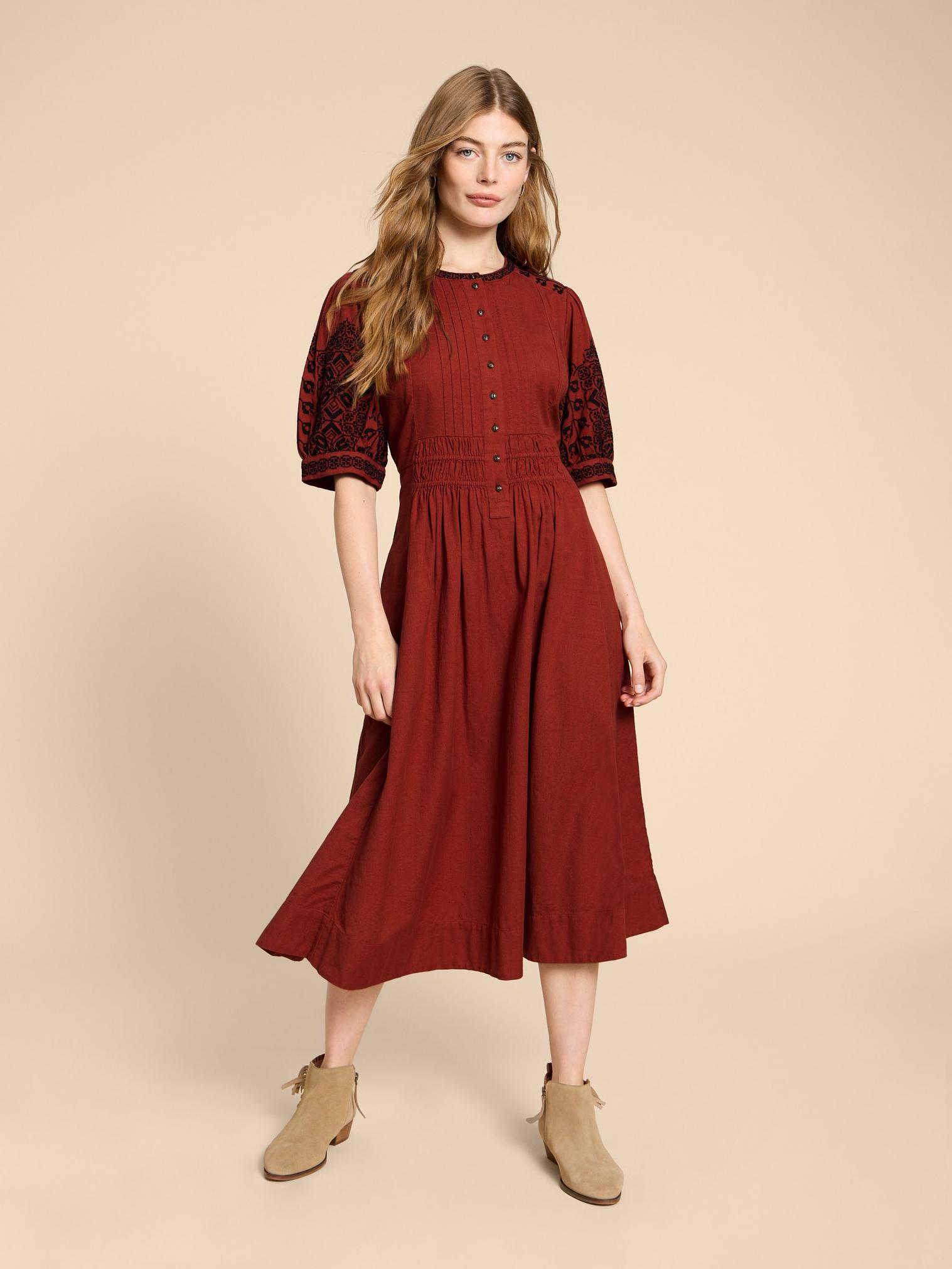 Celeste Embroidered Dress in RED MLT - LIFESTYLE