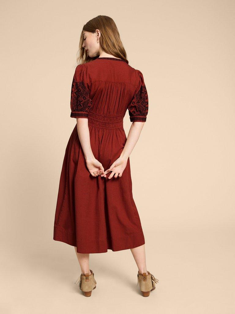 Celeste Embroidered Dress in RED MLT - MODEL BACK