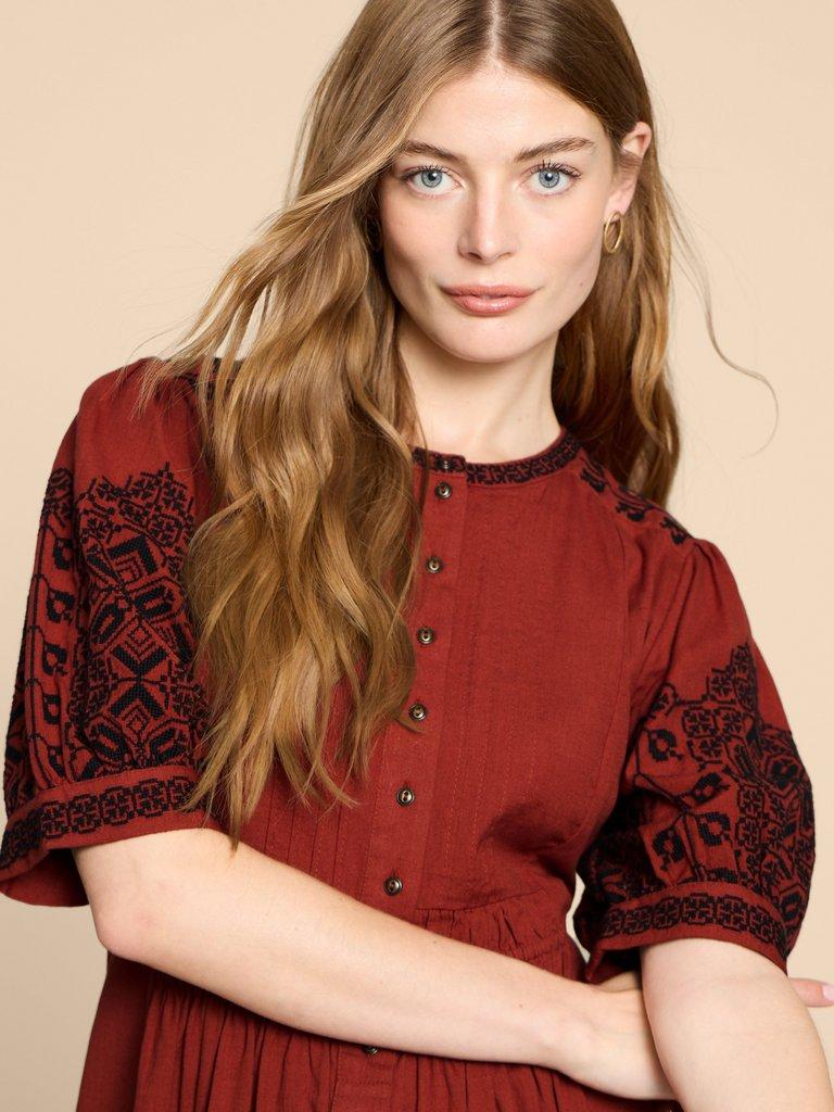 Celeste Embroidered Dress in RED MLT - MODEL DETAIL