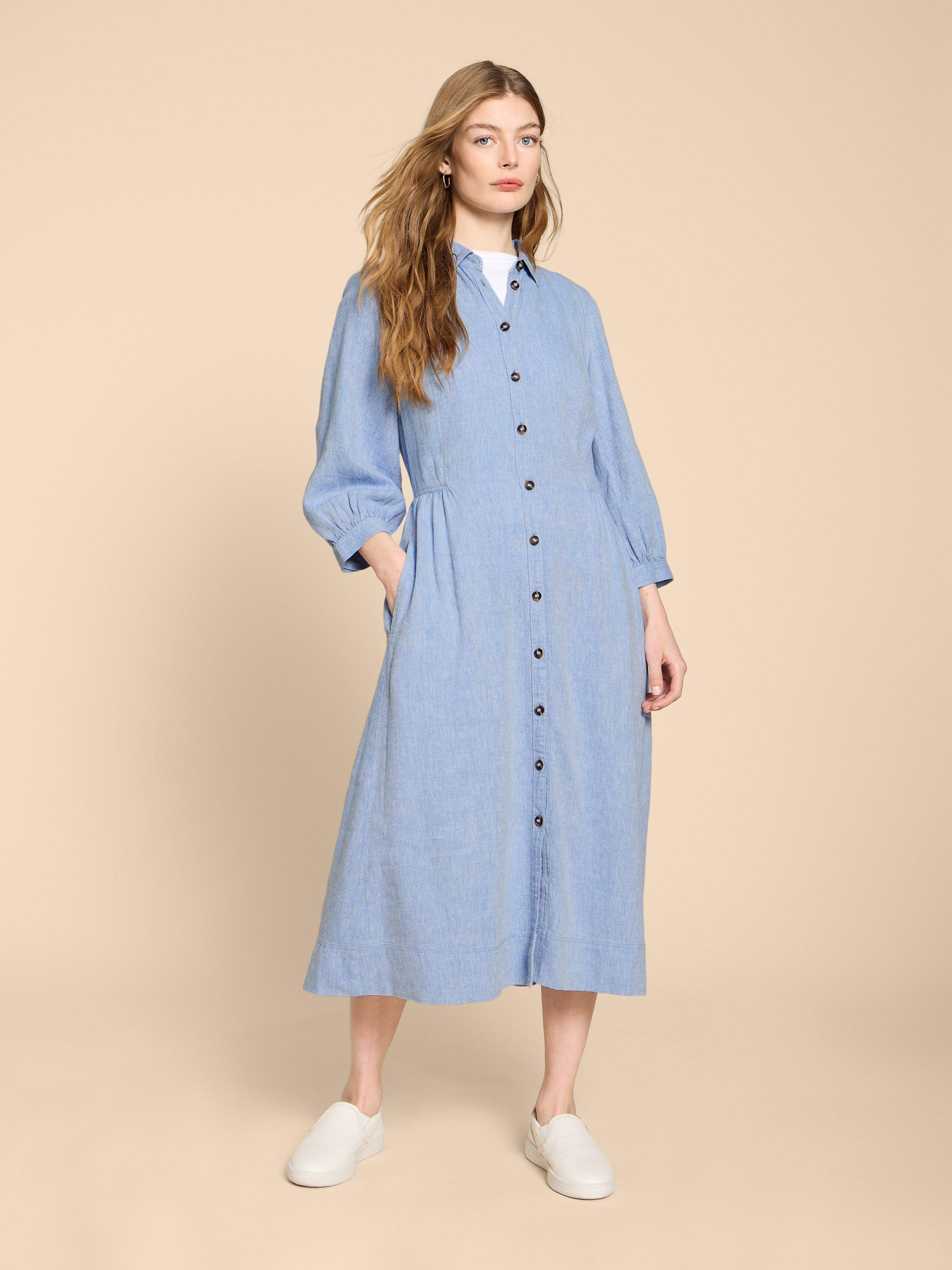 Hayden Linen Blend Shirt Dress in CHAMB BLUE - LIFESTYLE