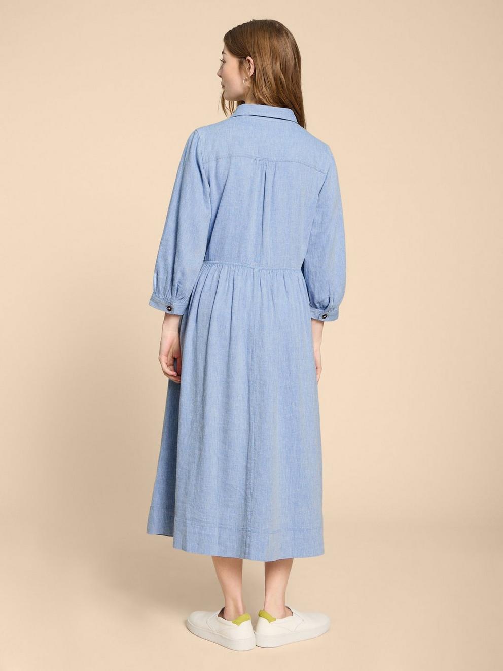 Hayden Linen Blend Shirt Dress in CHAMB BLUE - MODEL BACK