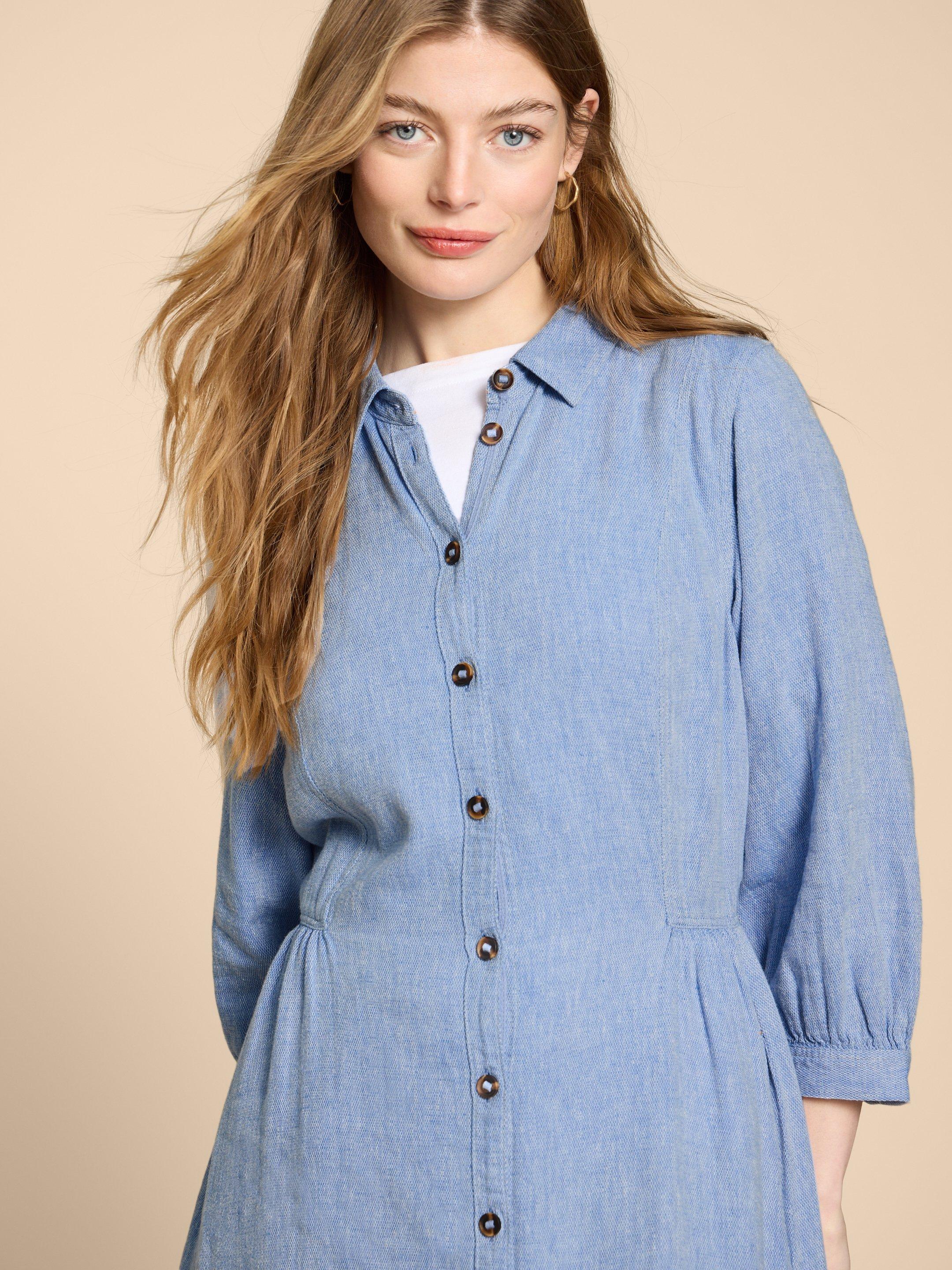 Hayden Linen Blend Shirt Dress in CHAMB BLUE - MODEL DETAIL