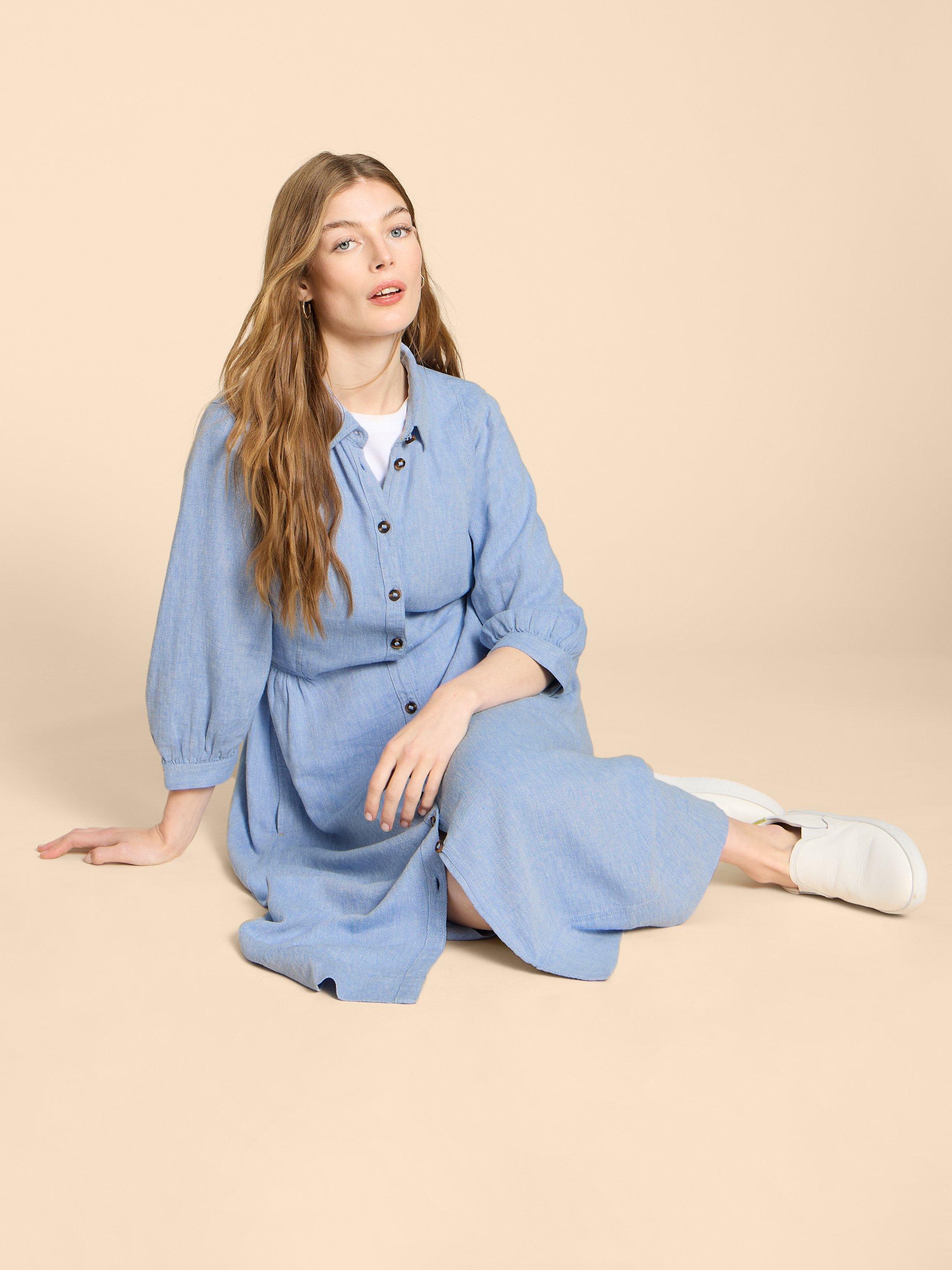 Hayden Linen Blend Shirt Dress in CHAMB BLUE - MODEL FRONT