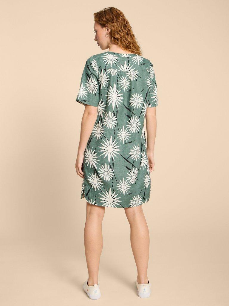 June Shift Linen Dress in GREEN PR - MODEL BACK