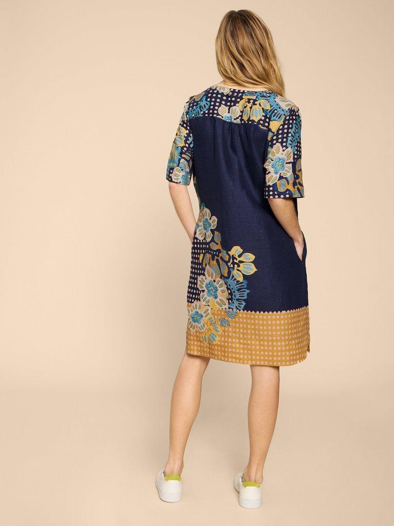 June Shift Linen Dress in NAVY PR - MODEL BACK