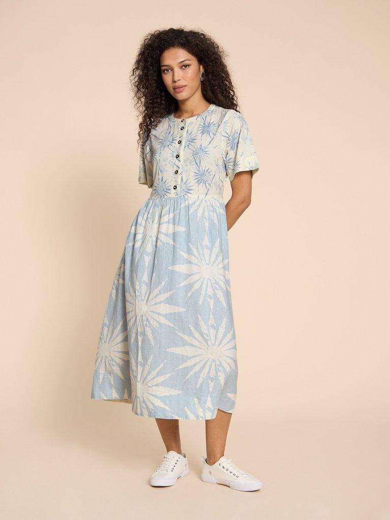 Print Shirt Dress in Linen Blend Blue