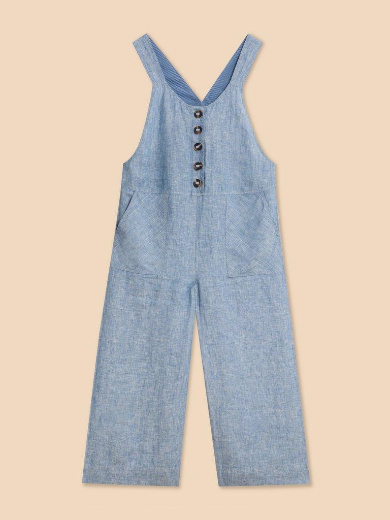 Viola Crop Linen Dungaree in CHAMB BLUE - FLAT FRONT