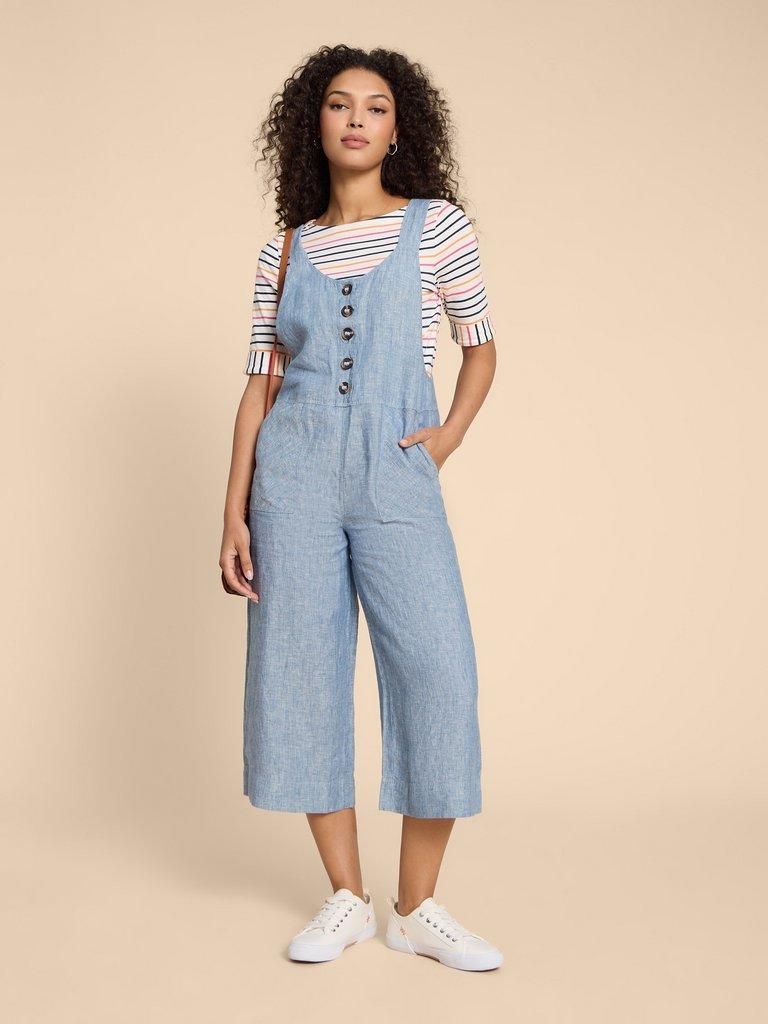 Viola Crop Linen Dungaree in CHAMB BLUE - LIFESTYLE