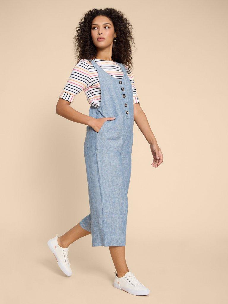 Viola Crop Linen Dungaree in CHAMB BLUE - MODEL FRONT