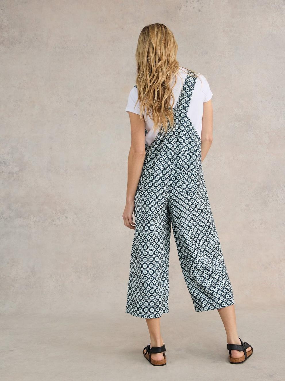 Viola Crop Linen Dungaree in GREEN PR - MODEL BACK