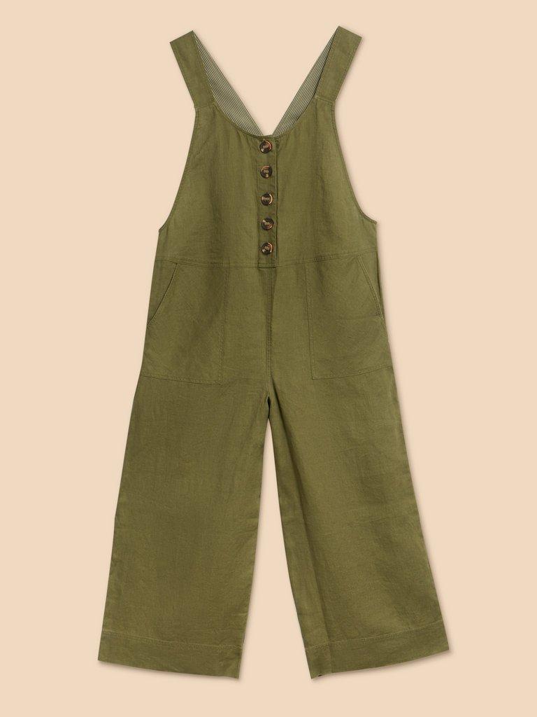 Viola Crop Linen Dungaree in KHAKI GREEN