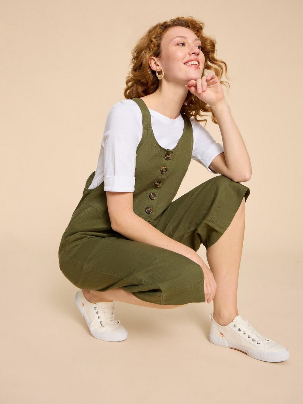 Viola Crop Linen Dungaree in KHAKI GRN - LIFESTYLE