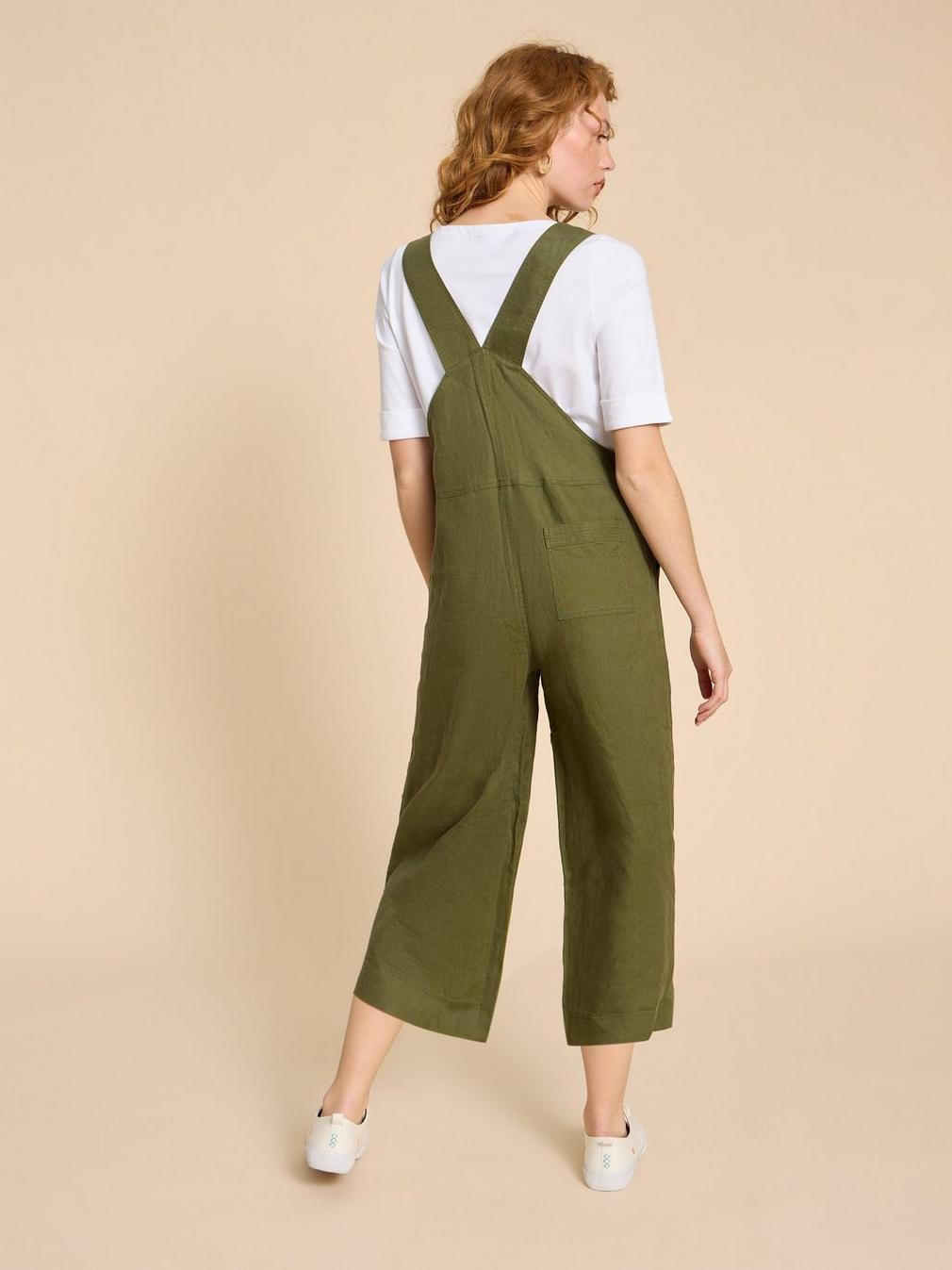 Viola Crop Linen Dungaree in KHAKI GRN - MODEL BACK