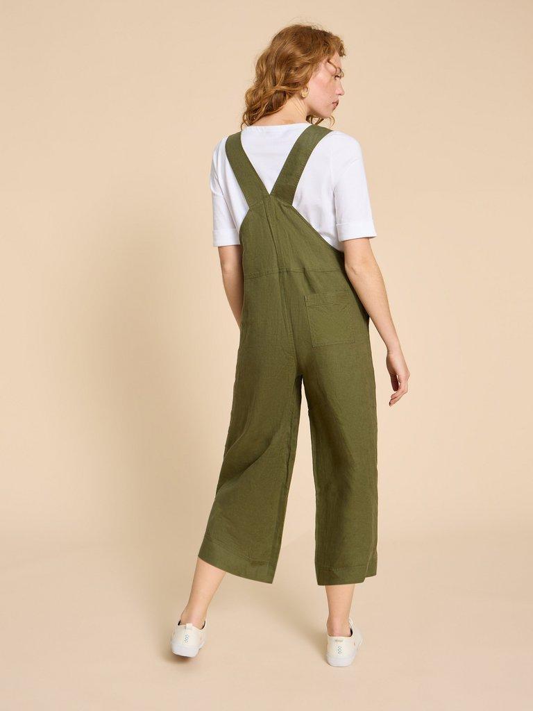 Viola Crop Linen Dungaree in KHAKI GRN - MODEL BACK