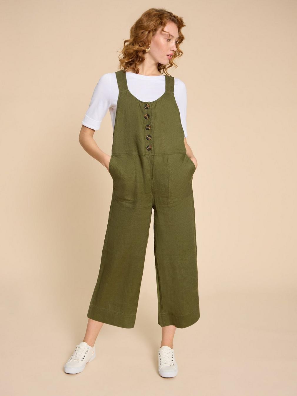 Viola Crop Linen Dungaree in KHAKI GRN - MODEL DETAIL