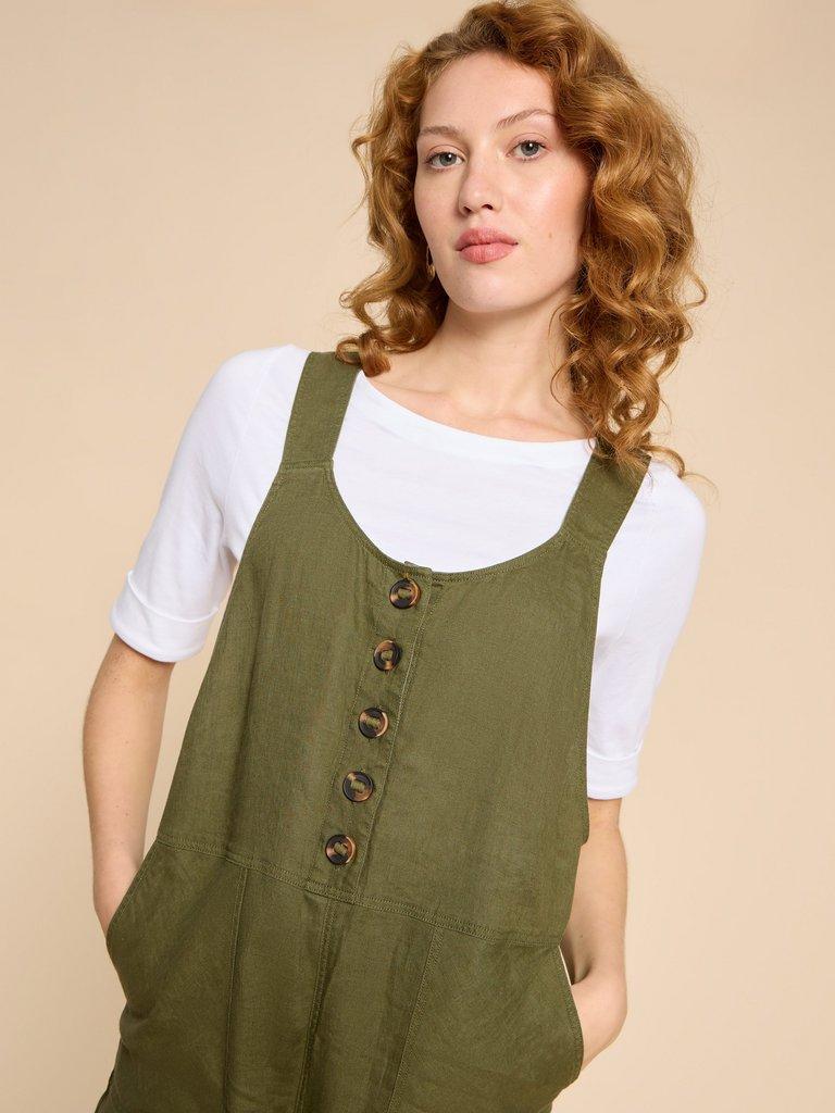 Viola Crop Linen Dungaree in KHAKI GREEN