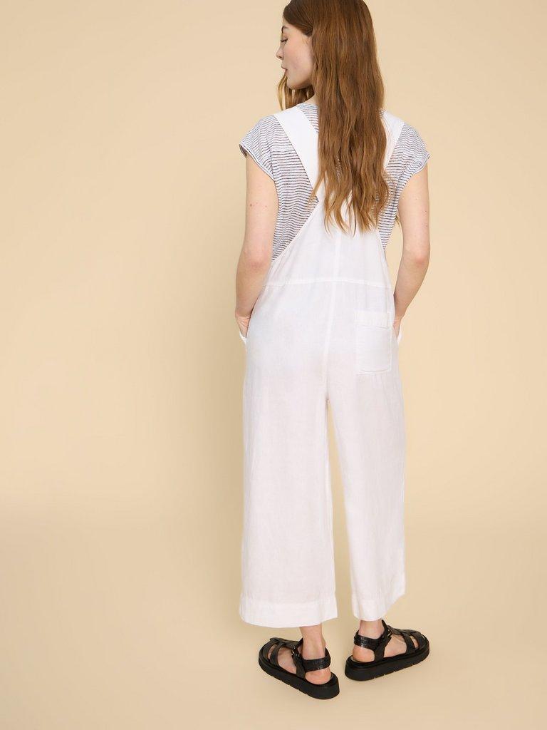 Viola Crop Linen Dungaree in NAT WHITE - MODEL BACK