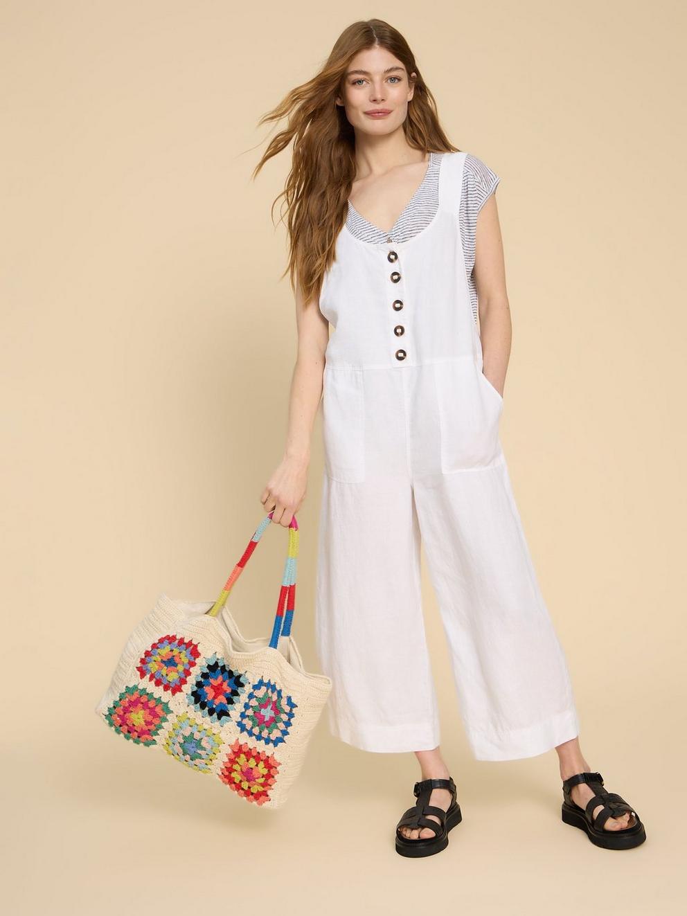 Viola Crop Linen Dungaree in NAT WHITE - MODEL DETAIL