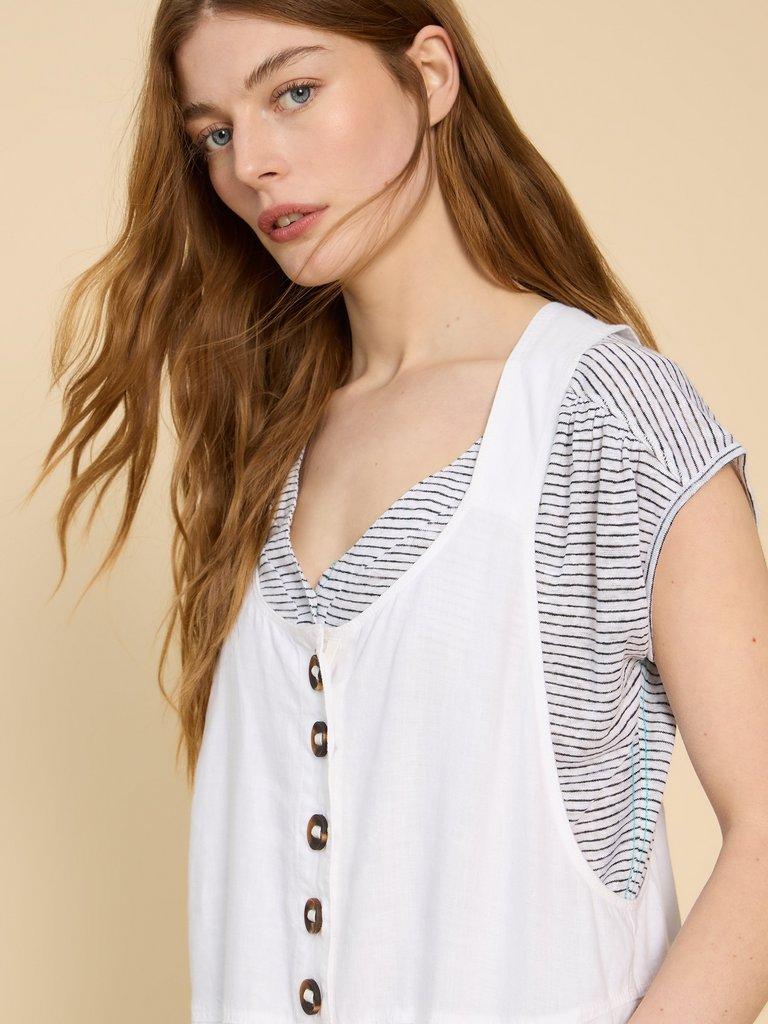 Viola Crop Linen Dungaree in NAT WHITE - MODEL FRONT