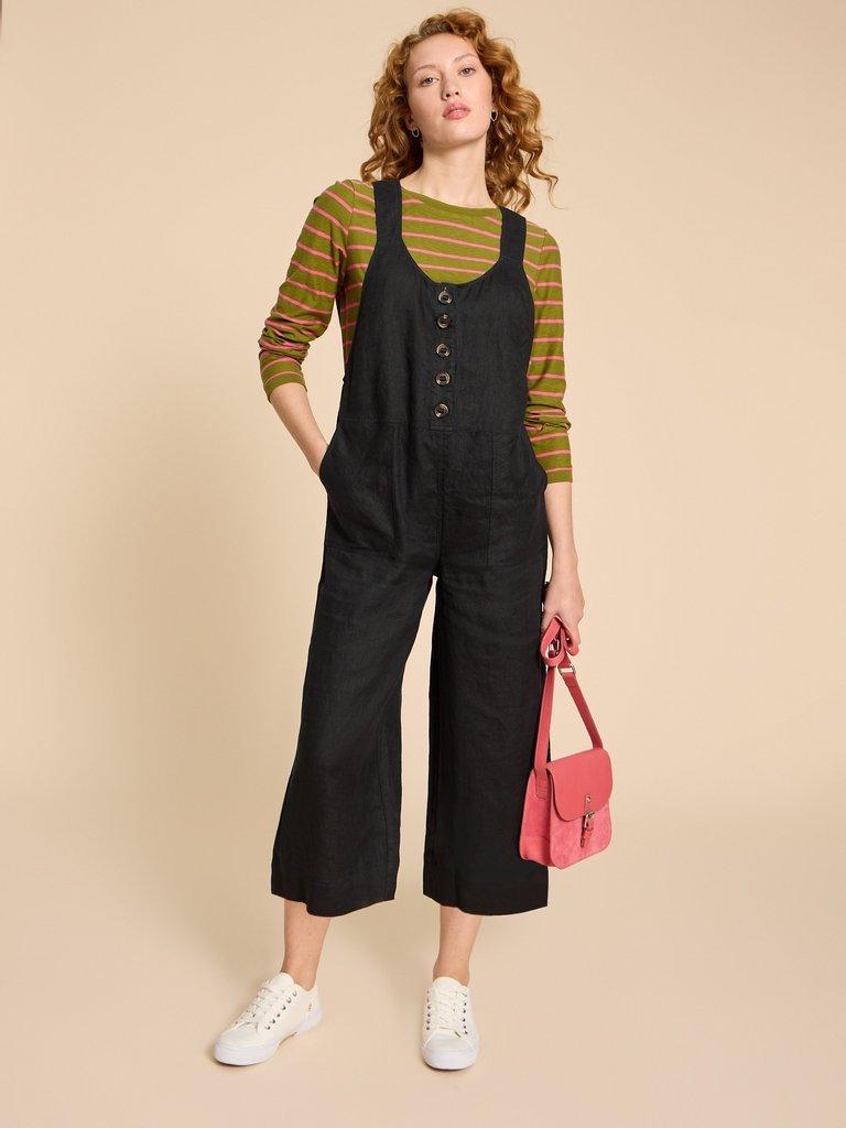 Viola Crop Linen Dungaree in PURE BLK - MODEL DETAIL