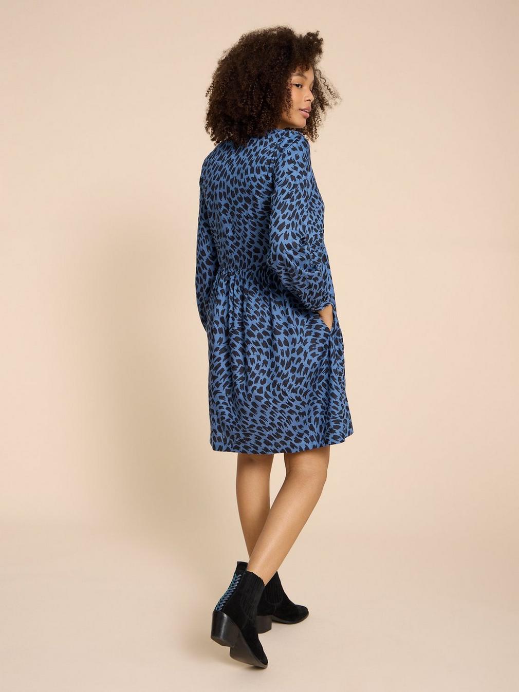 Penelope Eco Vero Print Dress in BLUE PR - MODEL BACK