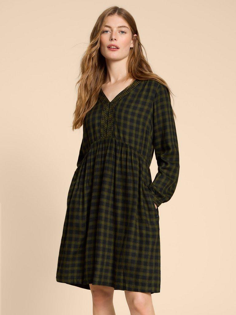 Penelope Print Eco Vero Dress in GREEN MLT - MODEL FRONT