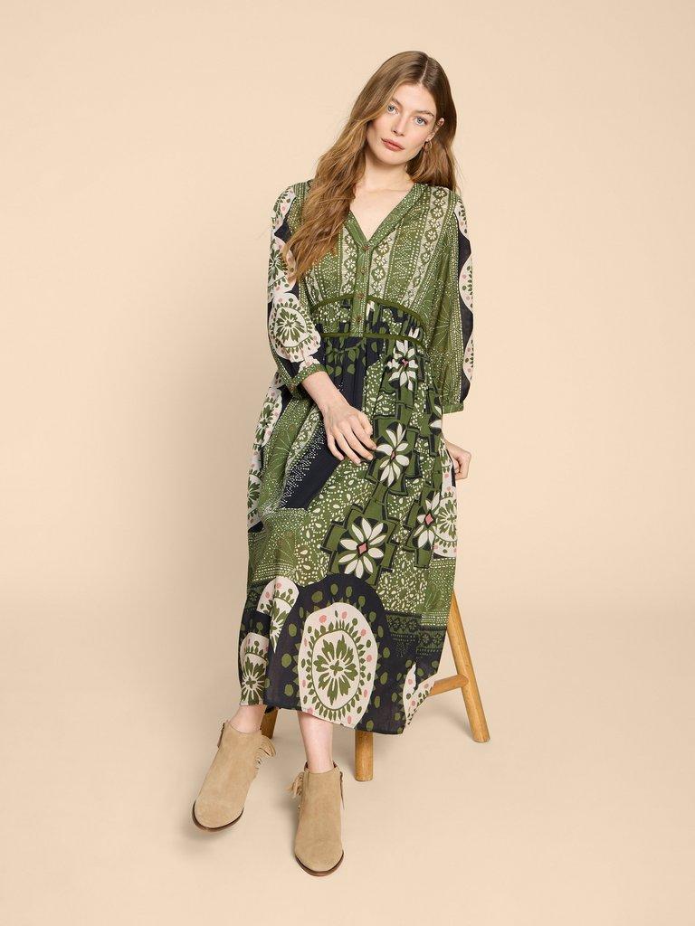 Jenna Midi Dress in GREEN PR - MODEL FRONT