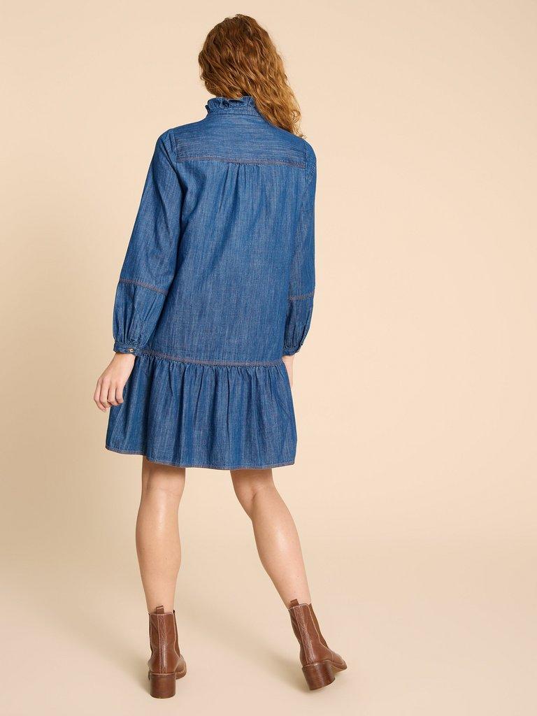 Maisie Denim Dress in MID DENIM - MODEL BACK