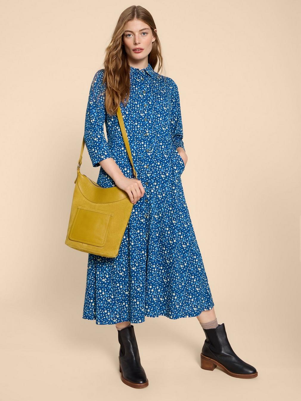 Rua Print Shirt Dress in NAVY PR - MODEL FRONT