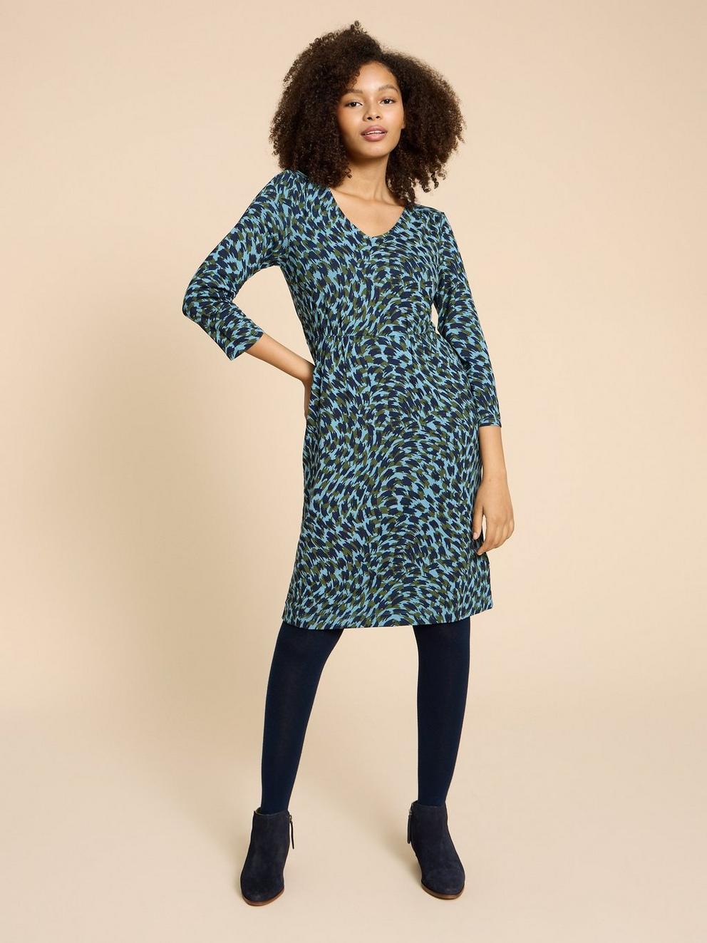 Tallie Printed Dress in TEAL PR - MODEL FRONT