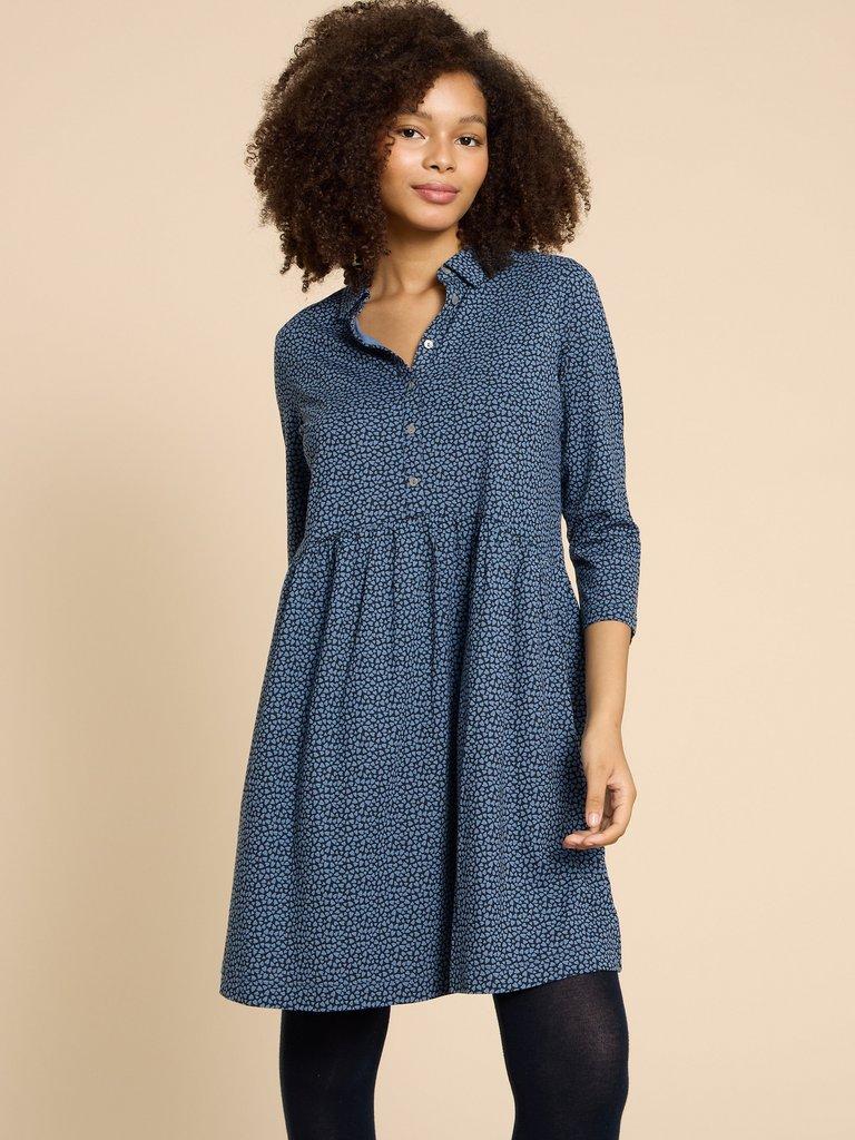 Everly Shirt Dress in BLUE PR - MODEL FRONT