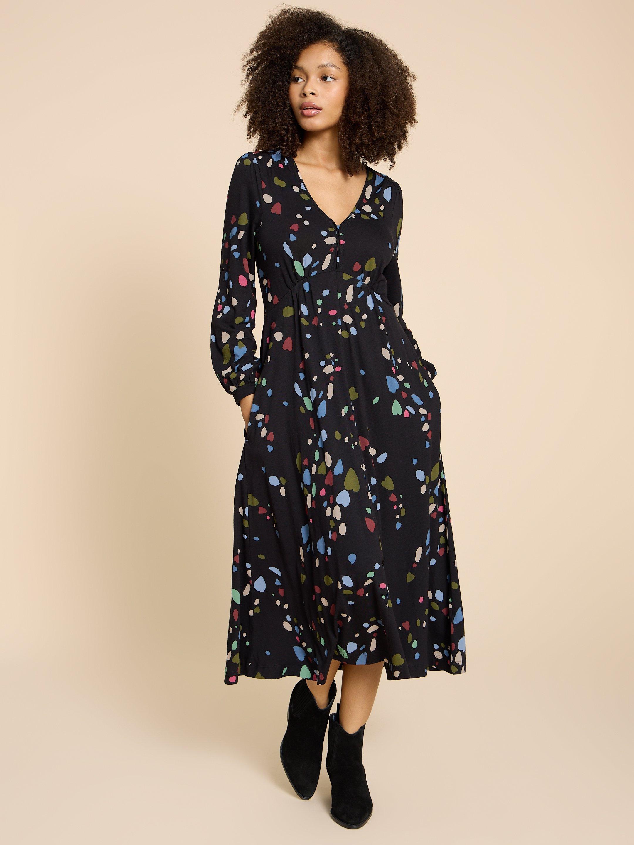 Black patterned hot sale midi dress