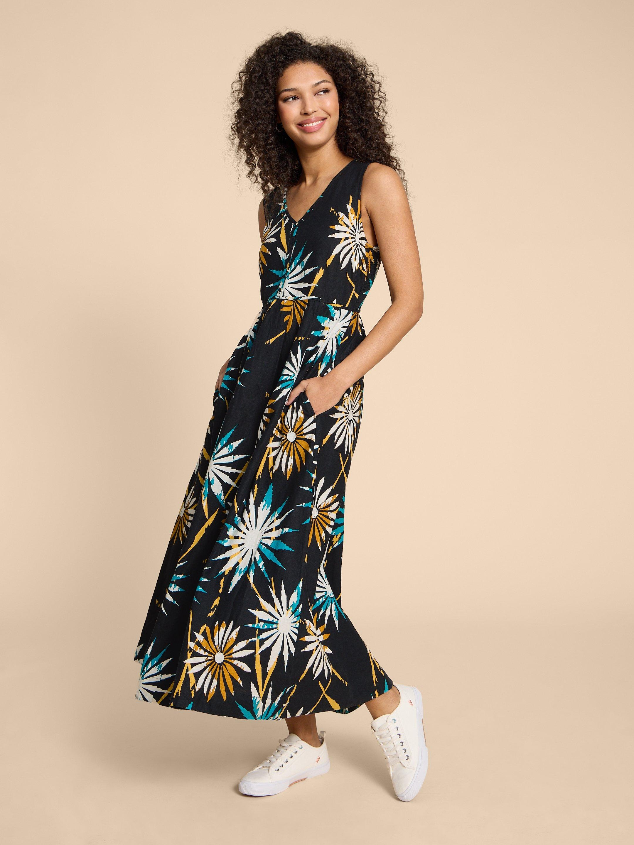 LINEN BLEND FLORAL PRINT MIDI DRESS - Black