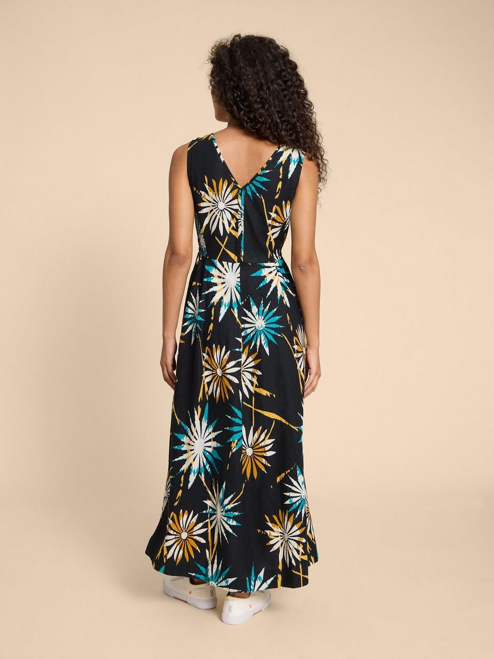 Gigi Linen Blend Maxi Dress in BLK PR - MODEL BACK