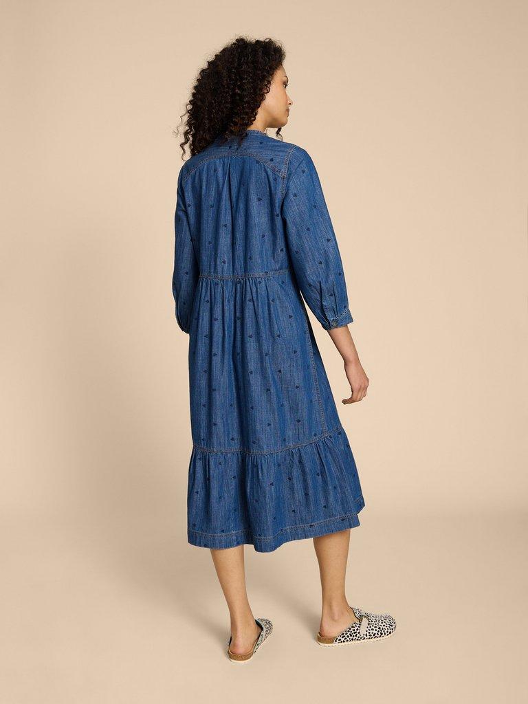 Naya Denim Midi Dress in MID DENIM - MODEL BACK