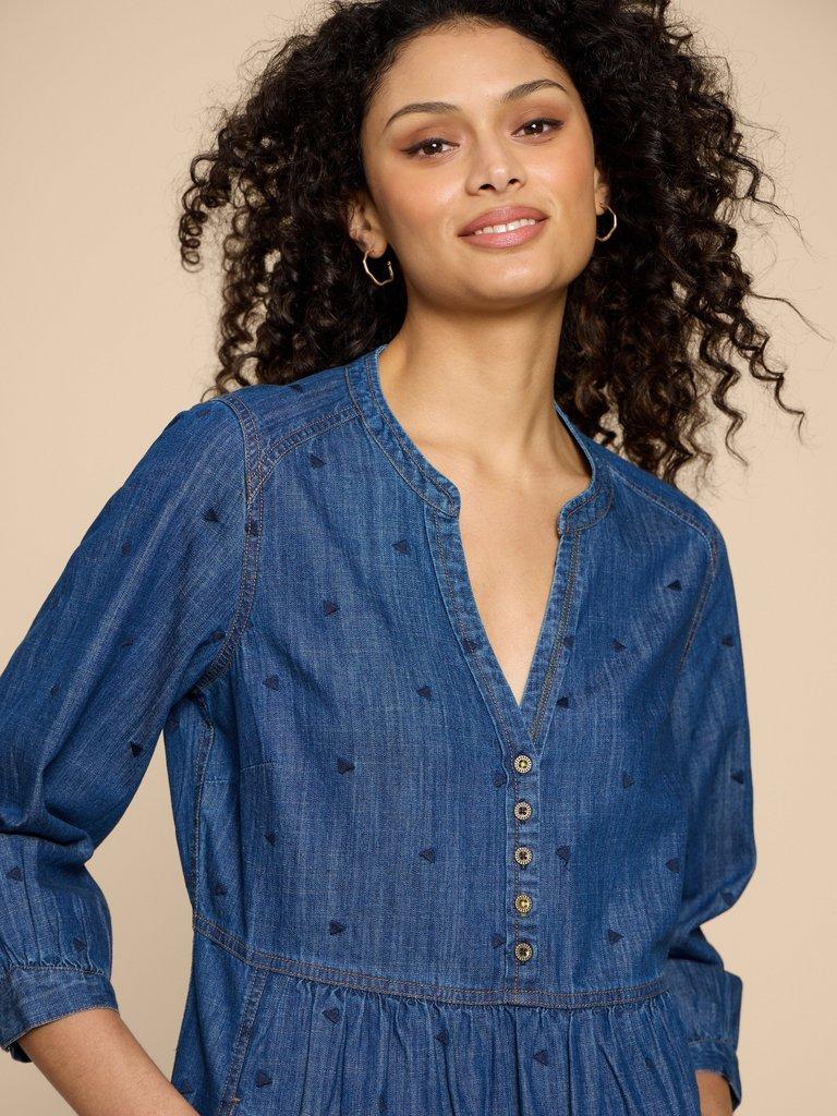 Naya Denim Midi Dress in MID DENIM - MODEL DETAIL