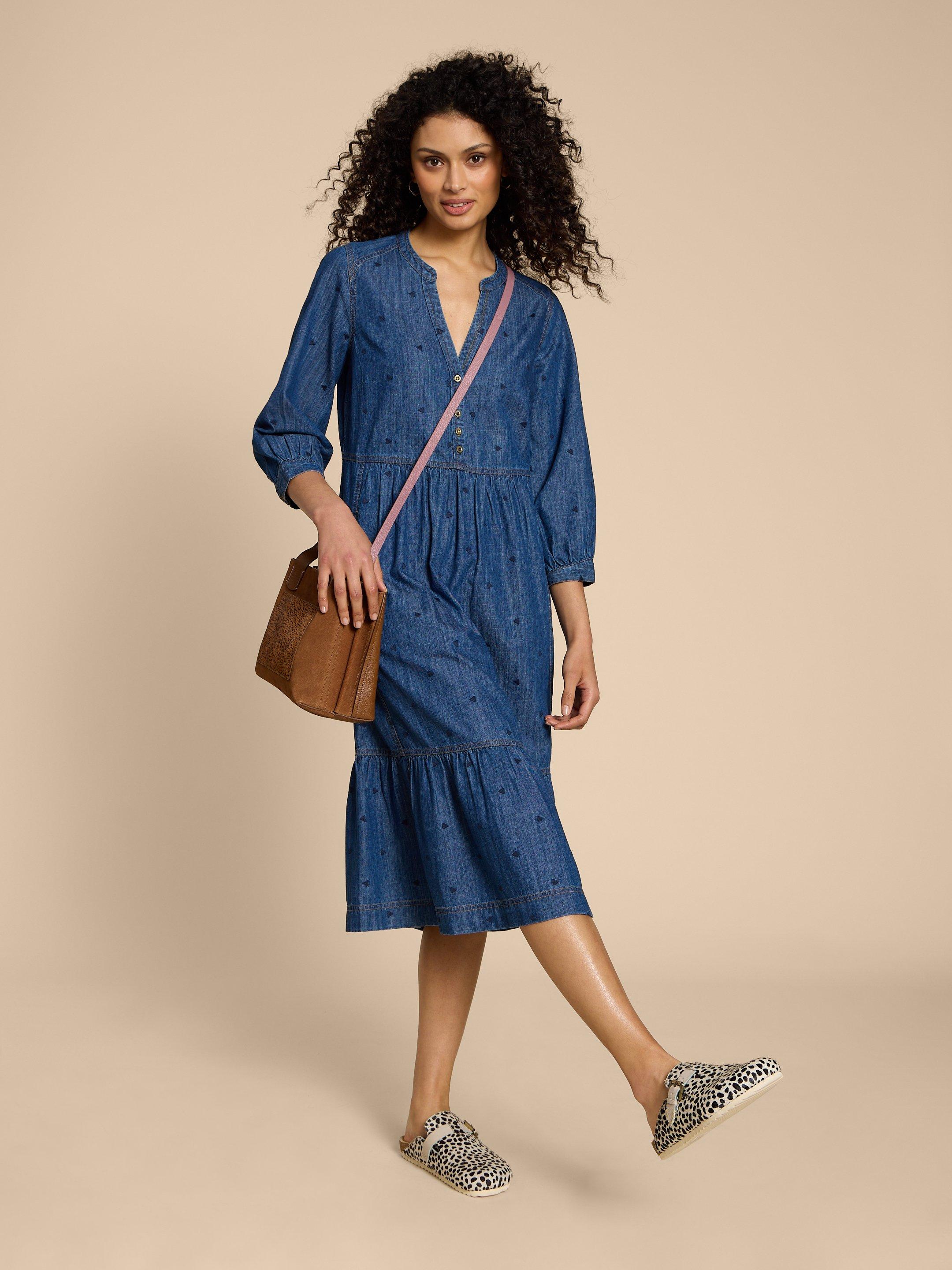 Naya Denim Midi Dress in MID DENIM - MODEL FRONT