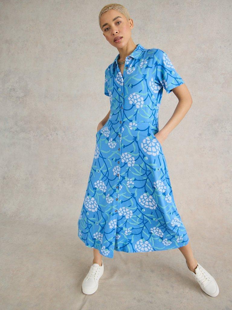 Rua Jersey Print Midi Dress in BLUE MLT - MODEL FRONT