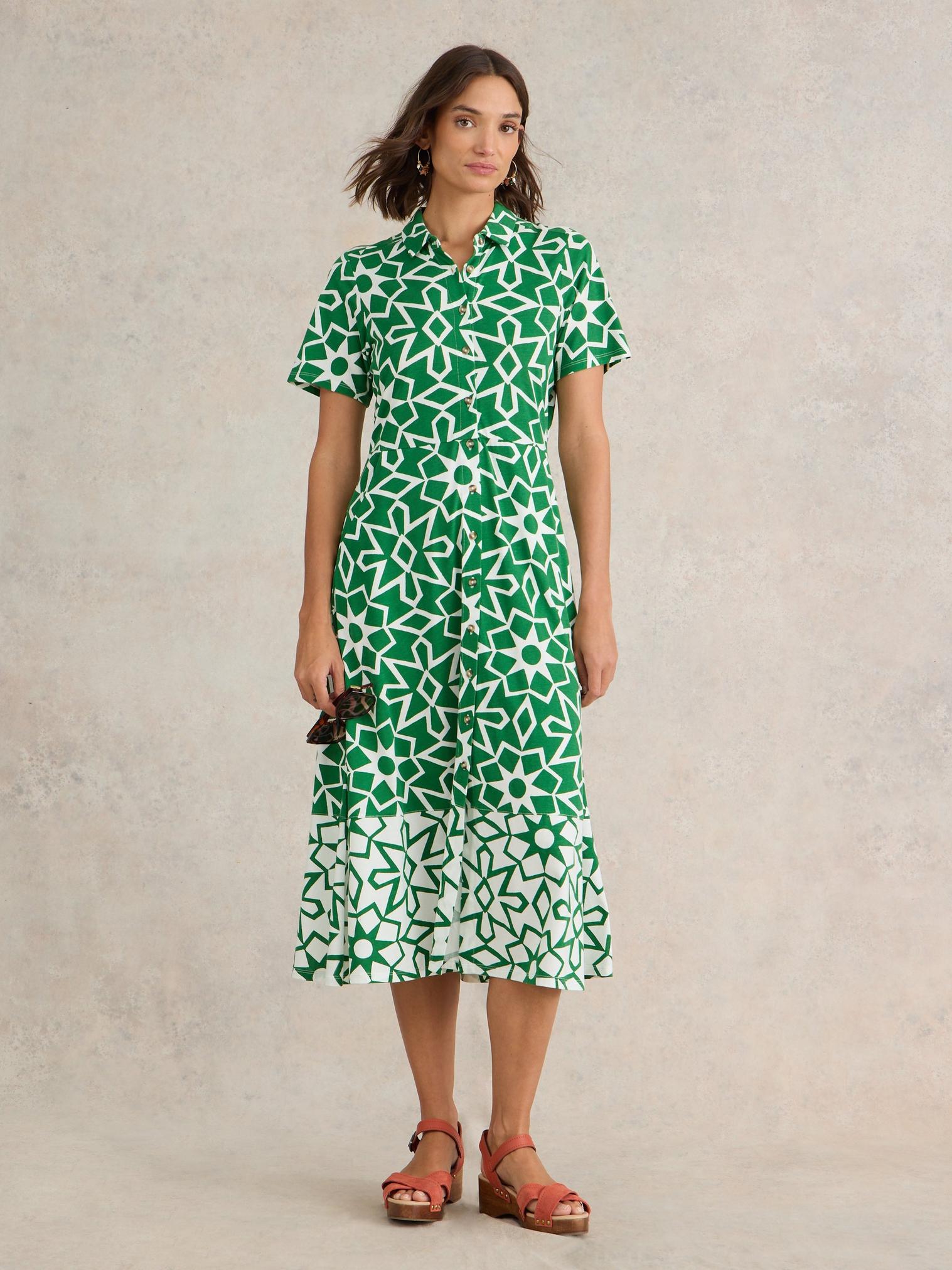 Rua Jersey Print Midi Dress in GREEN PR - MODEL FRONT