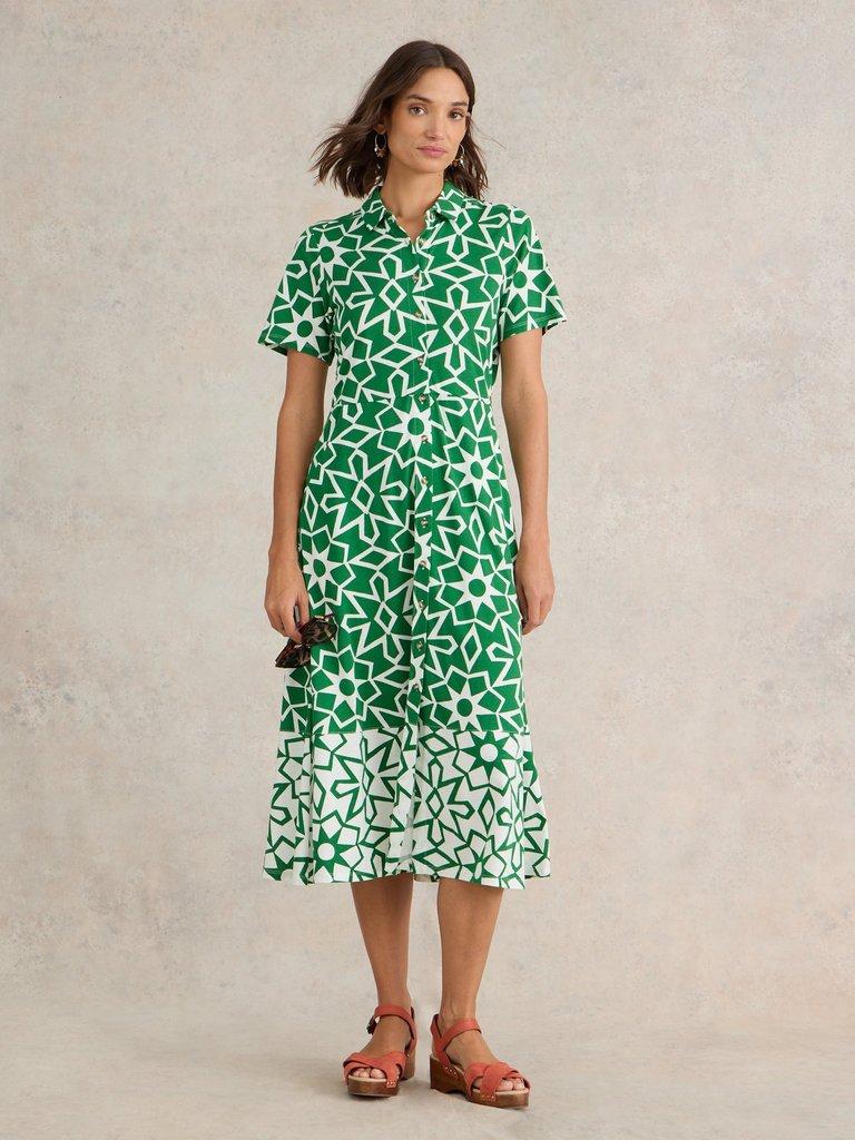 Rua Jersey Print Midi Dress in GREEN PR - MODEL FRONT