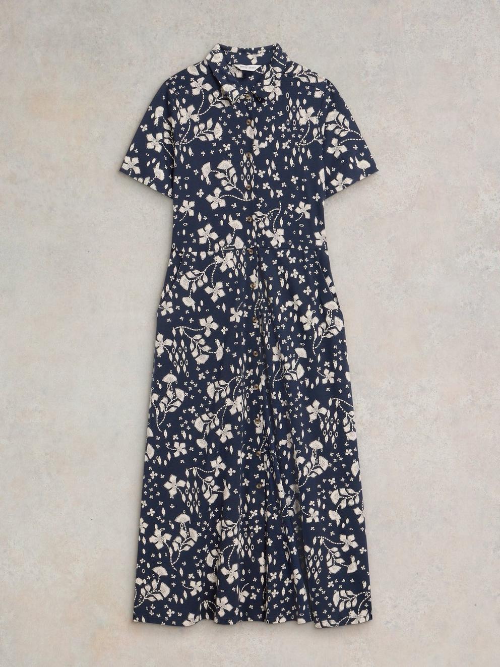 Rua Jersey Print Midi Dress in NAVY PR - FLAT FRONT